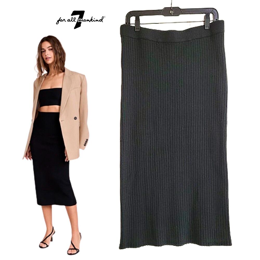 7 For All Mankind Ribbed Knit Black Midi Pencil Skirt Stretch NEW S L